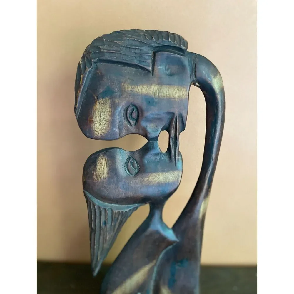Vintage Hand Carved romantic Lovers Sculpture 15” Couple Folk Art Boho Decor